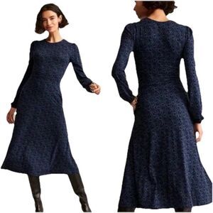 Boden Camille Jersey Midi Dress Long Sleeves Pockets Blue Black Swirl Size 10 L